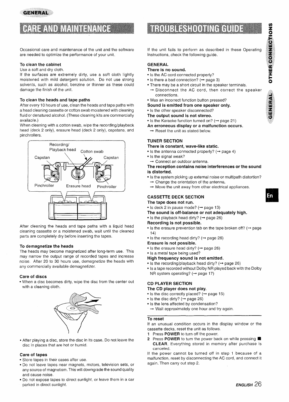 General, To clean the cabinet, To clean the heads and tape paths | To demagnetize the heads, Care of discs, Care of tapes, General there is no sound, Tuner section, Cassette deck section the tape does not run, Cd player section the cd player does not play | Aiwa NSX-A909 User Manual | Page 27 / 88