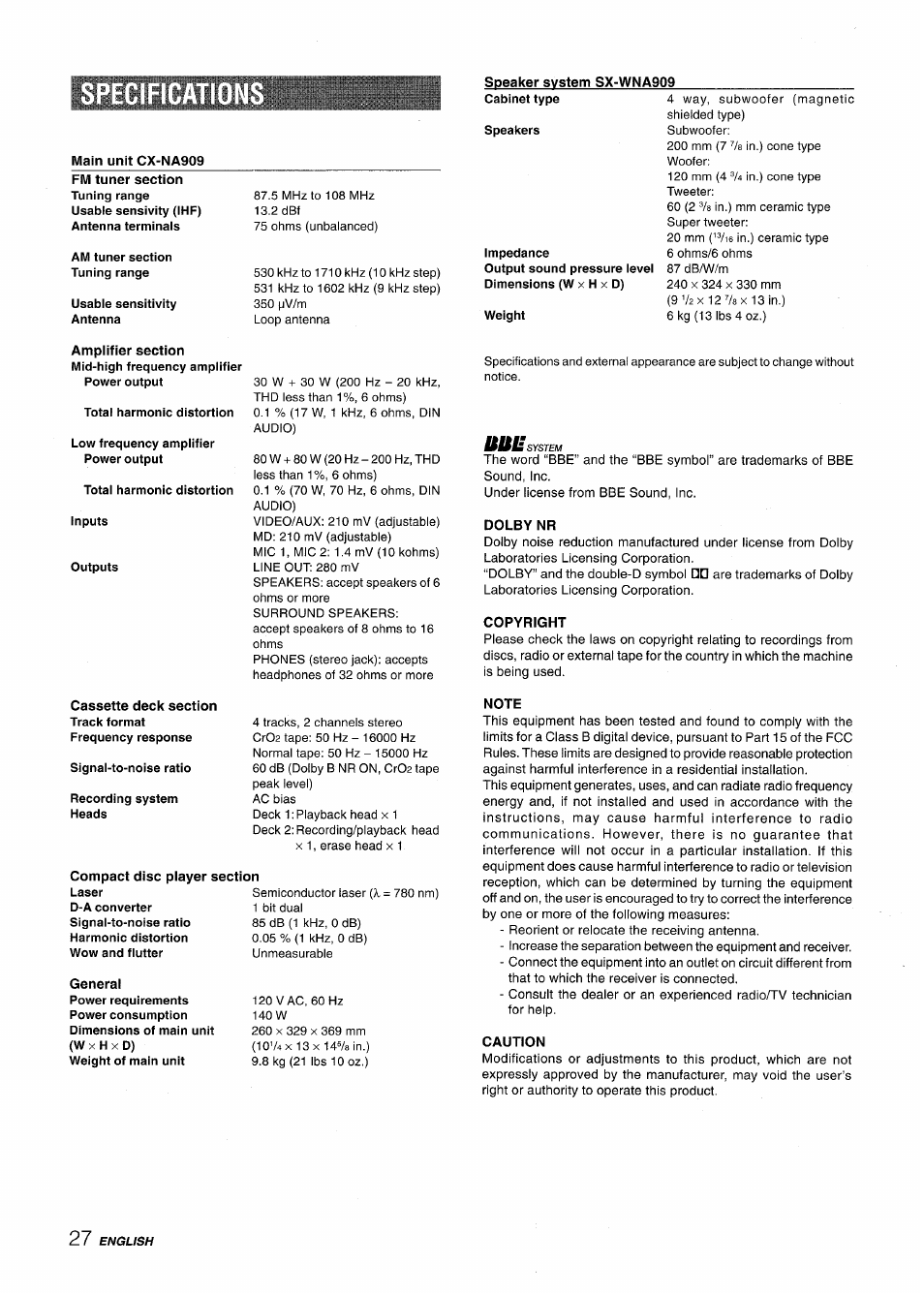 Speaker system sx-wna909, Main unit cx-na909, Compact disc player section | General, Dolby nr, Copyright, Note, Caution | Aiwa NSX-A909 User Manual | Page 28 / 88