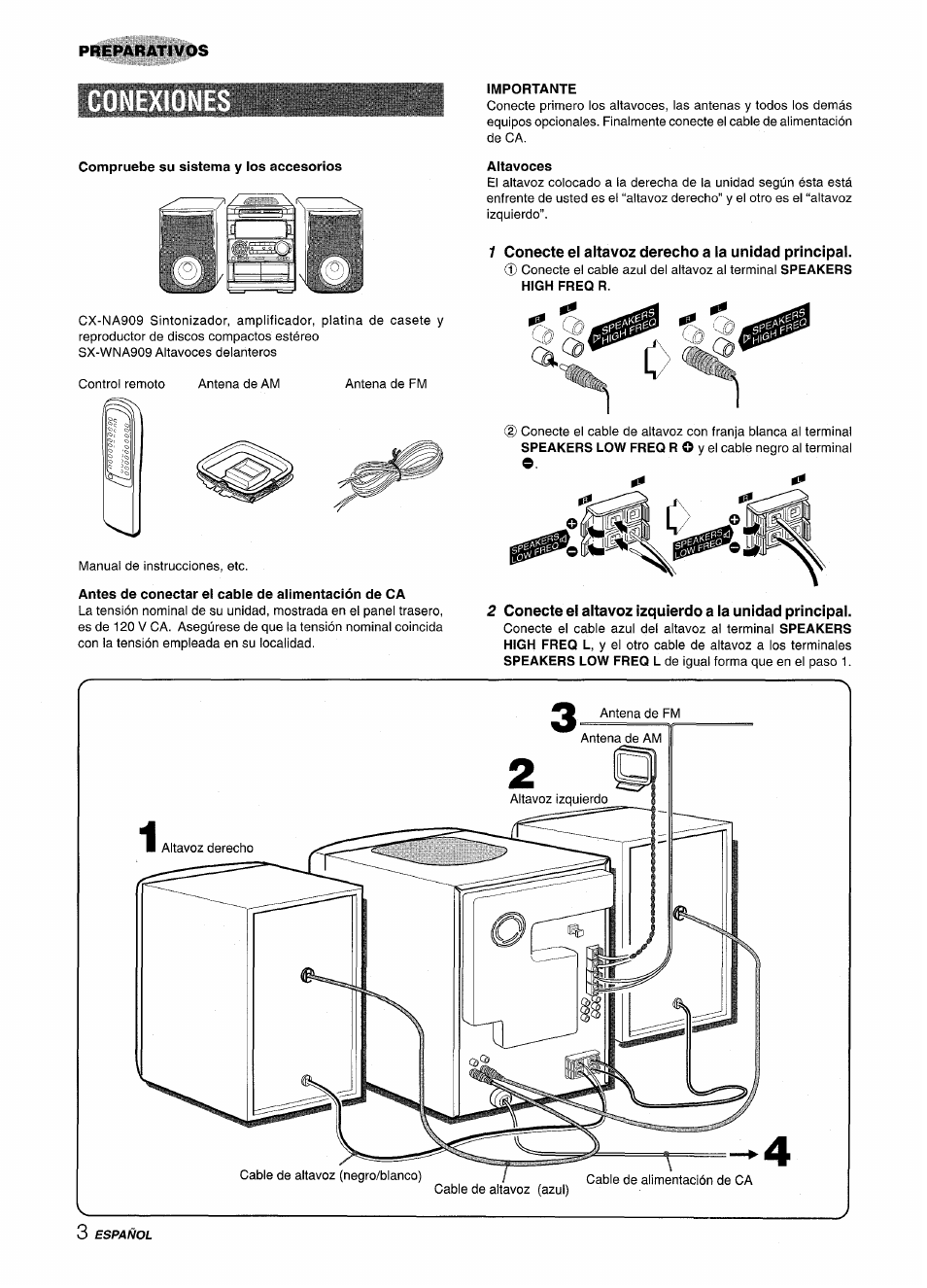 1 conecte el altavoz derecho a la unidad principal | Aiwa NSX-A909 User Manual | Page 32 / 88