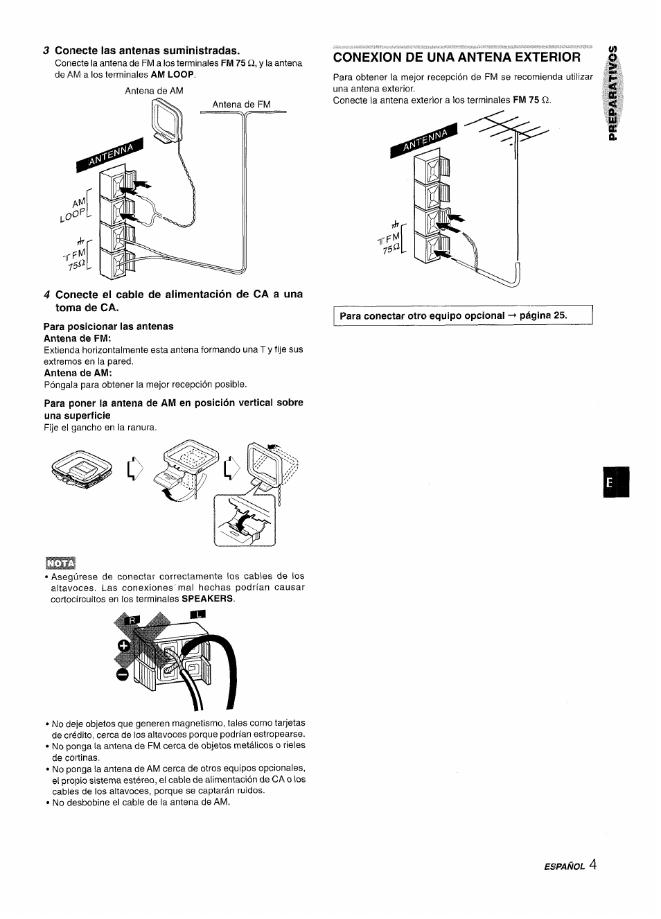 3 conecte las antenas suministradas, Conexion de una antena exterior, Para posicionar las antenas antena de fm | Aiwa NSX-A909 User Manual | Page 33 / 88