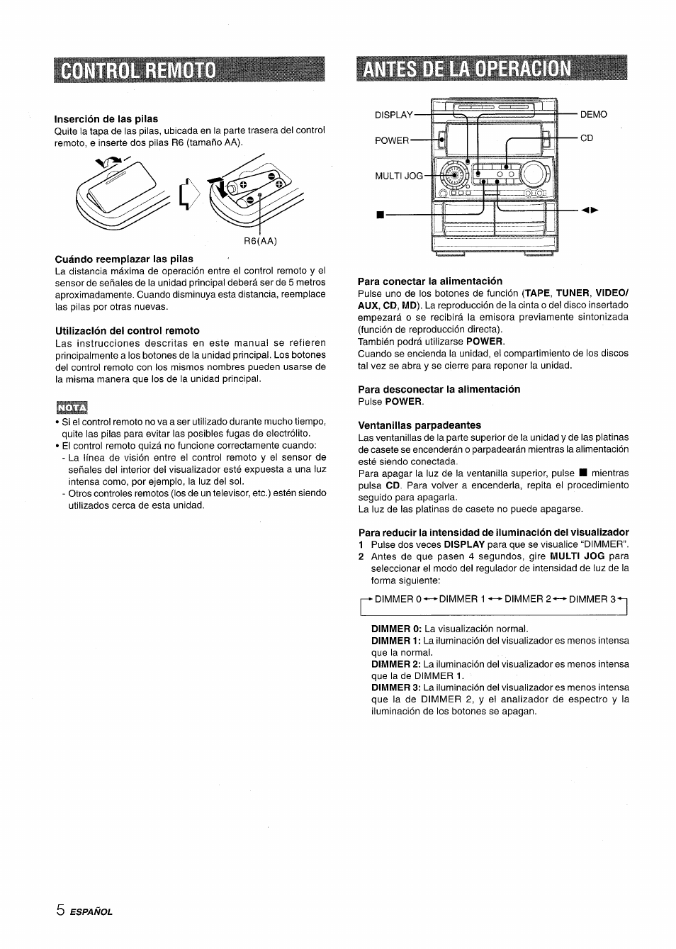 Inserción de las pilas, Cuándo reemplazar las pilas, Utilización del control remoto | Para conectar la alimentación, Para desconectar la alimentación pulse power, Ventanillas parpadeantes | Aiwa NSX-A909 User Manual | Page 34 / 88