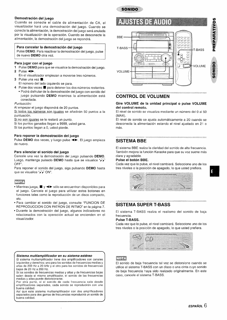 Demostración del juego, Para cancelar la demostración del juego, Para jugar con el juego | Control de volumen, Para reponer la demostración del juego, Para silenciar el sonido del juego, Sistema bbe, Sistema super t-bass, Ocontrol de volumen | Aiwa NSX-A909 User Manual | Page 35 / 88