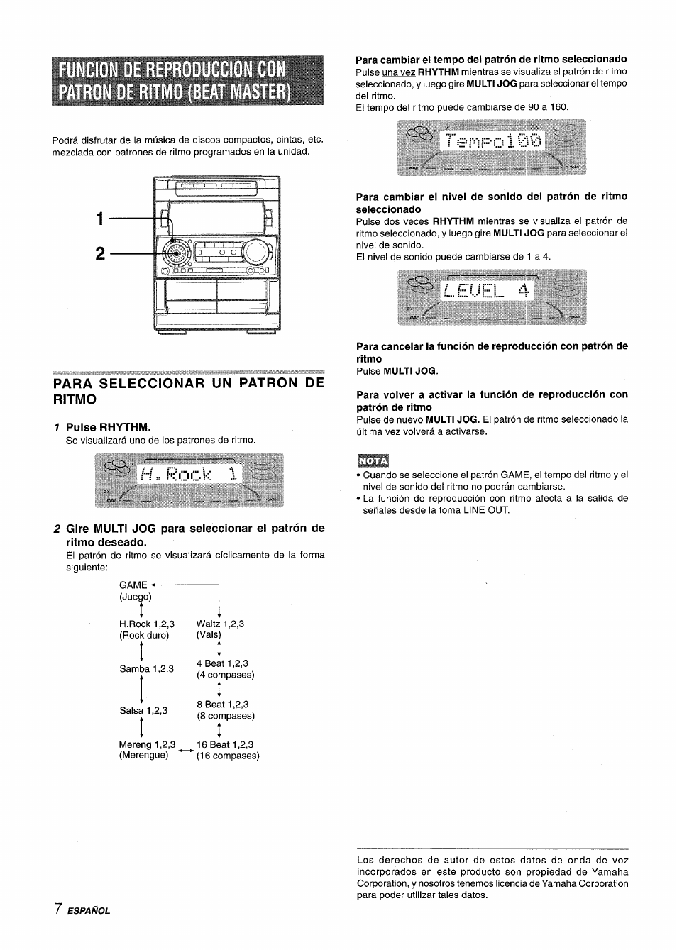 Funcion de reproduccio ron de ritmo (beat m, Para seleccionar un patron de ritmo, 7 pulse rhythm | T'epipo 100, Leí..íel 4 | Aiwa NSX-A909 User Manual | Page 36 / 88