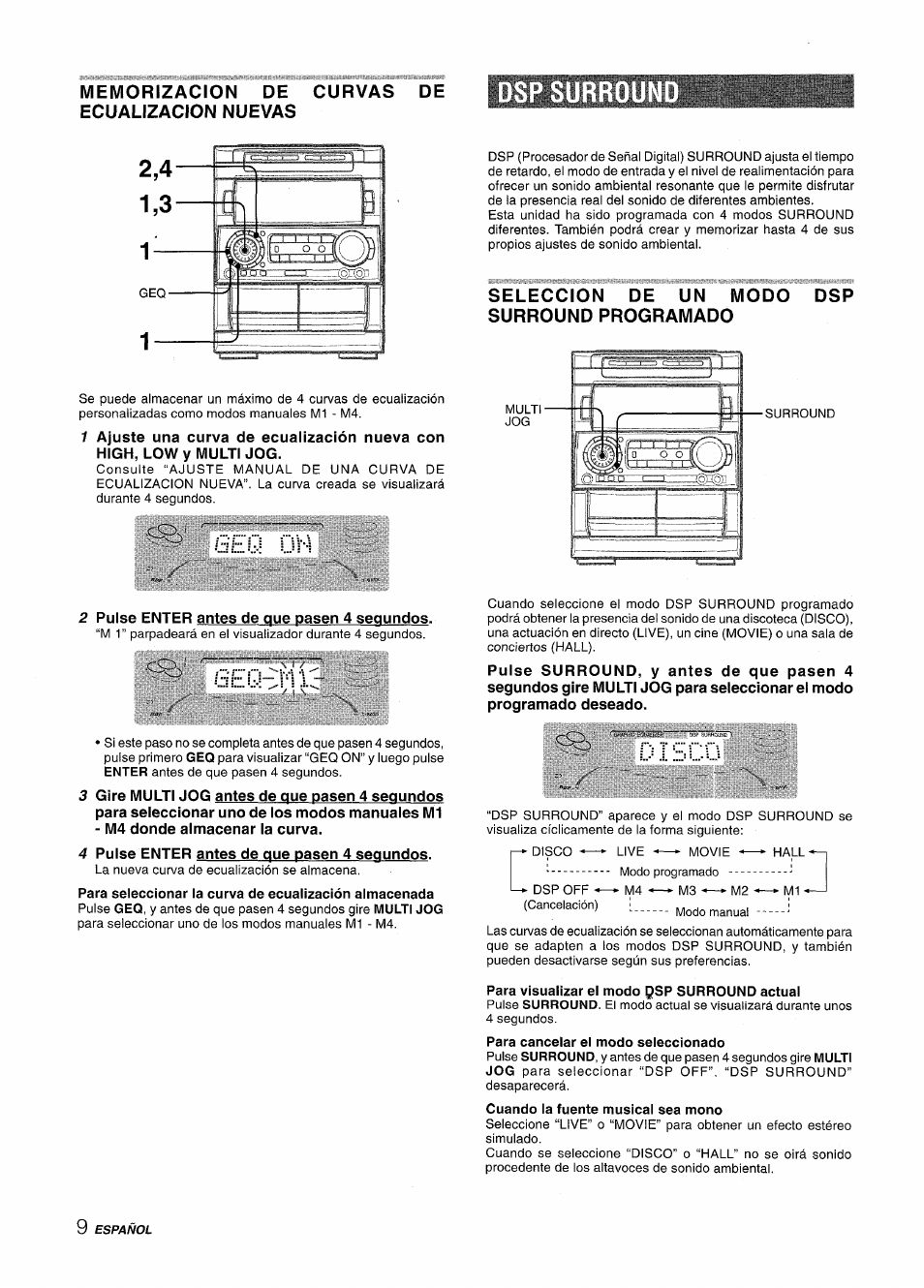 Seleccion de un modo dsp surround programado, Geq ni, Di sco | Para cancelar el modo seleccionado, Cuando la fuente musical sea mono | Aiwa NSX-A909 User Manual | Page 38 / 88