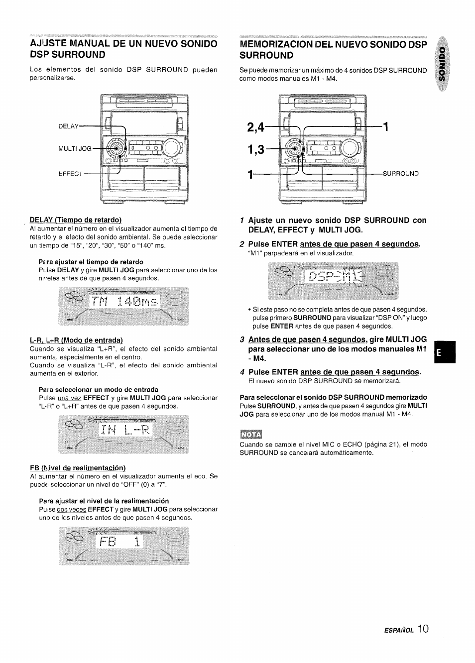 Ajuste manual de un nuevo sonido dsp surround, Memorizacion del nuevo sonido dsp surround, Tm 140ims | In l r, 2 pulse enter antes de que pasen 4 segundos, 4 pulse enter antes de que pasen 4 segundos, Fb 1, L....r, Lisf, 140ims | Aiwa NSX-A909 User Manual | Page 39 / 88