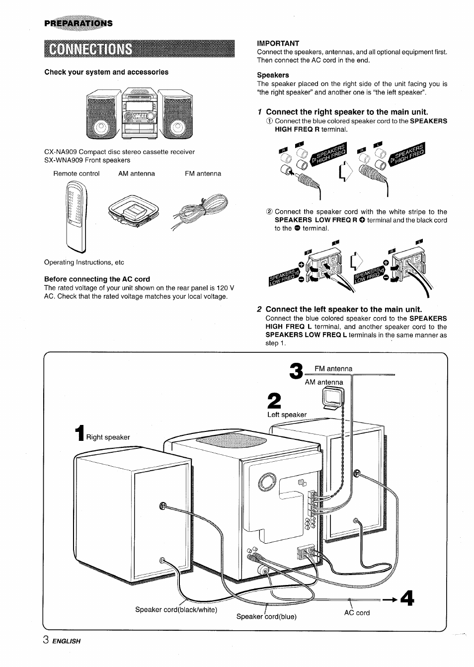 Check your system and accessories, Important, Speakers | 1 connect the right speaker to the main unit, 2 connect the left speaker to the main unit | Aiwa NSX-A909 User Manual | Page 4 / 88