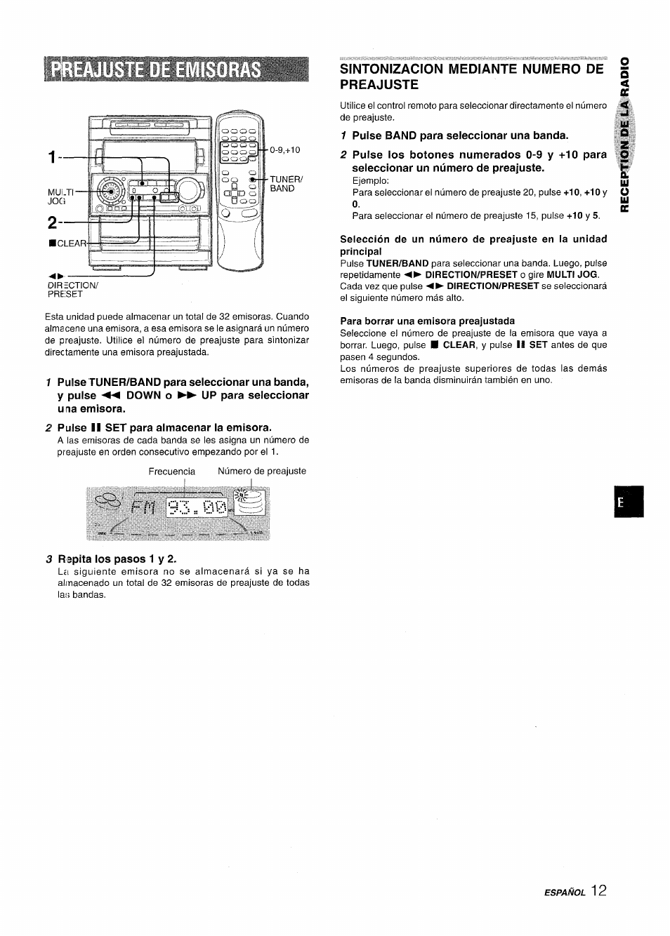 2 pulse ii set para almacenar la emisora, Sintonizacion mediante numero de preajuste, 1 pulse band para seleccionar una banda | Para borrar una emisora preajustada, 3 repita los pasos 1 y 2, Oz o, F m 93 ==00 | Aiwa NSX-A909 User Manual | Page 41 / 88