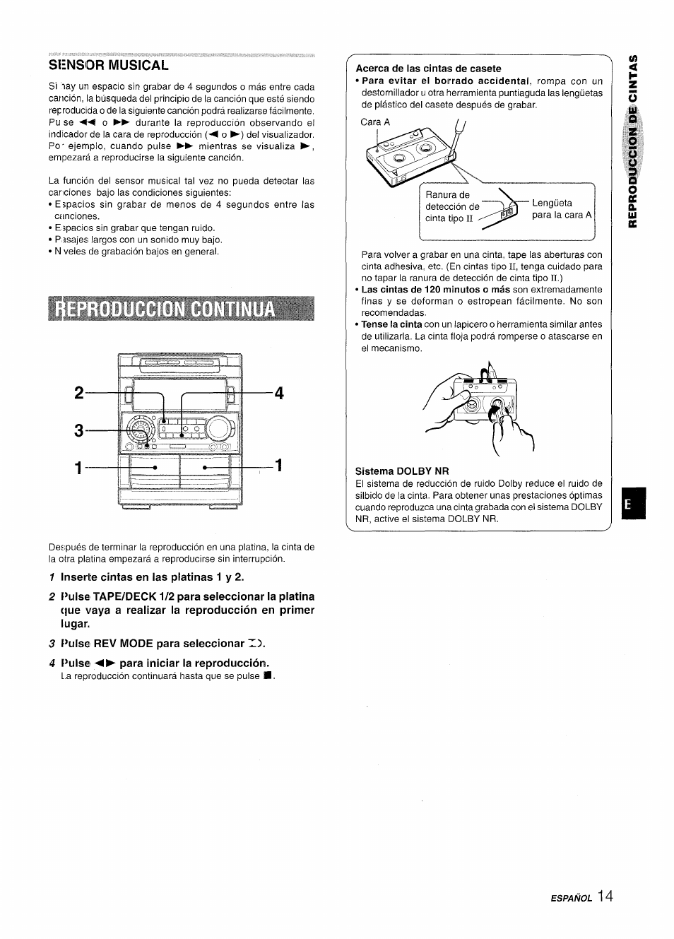 Siensor musical, 1 inserte cintas en las platinas 1 y 2, 3 pulse rev mode para seleccionar z) | 4 pulse para iniciar la reproducción, Zo (3 | Aiwa NSX-A909 User Manual | Page 43 / 88