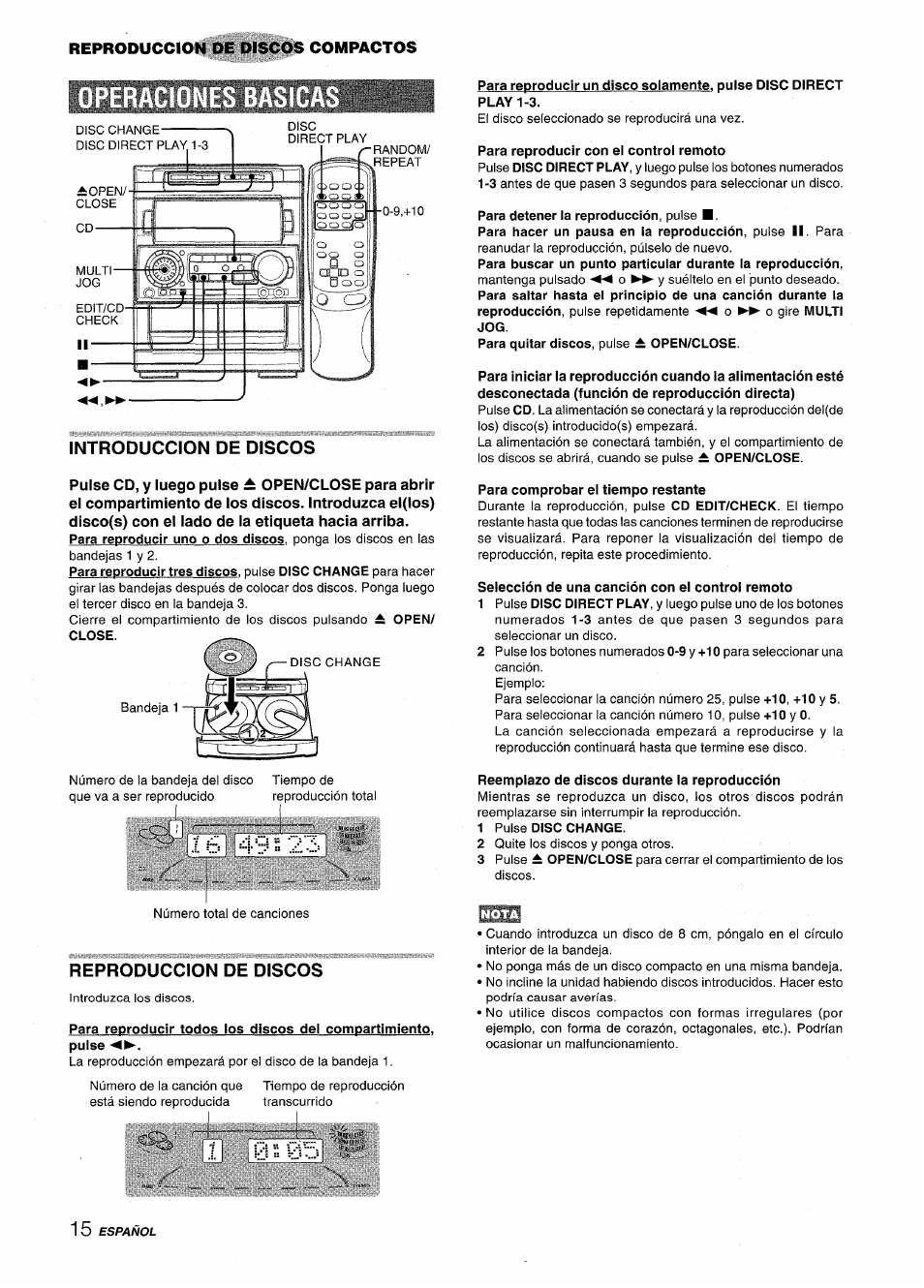 Introduccion de discos, I 6 '49 li 2 3, Para reproducir con el control remoto | Para detener la reproducción, pulse, Para comprobar el tiempo restante, Selección de una canción con el control remoto, Reemplazo de discos durante la reproducción, Reproduccion de discos | Aiwa NSX-A909 User Manual | Page 44 / 88