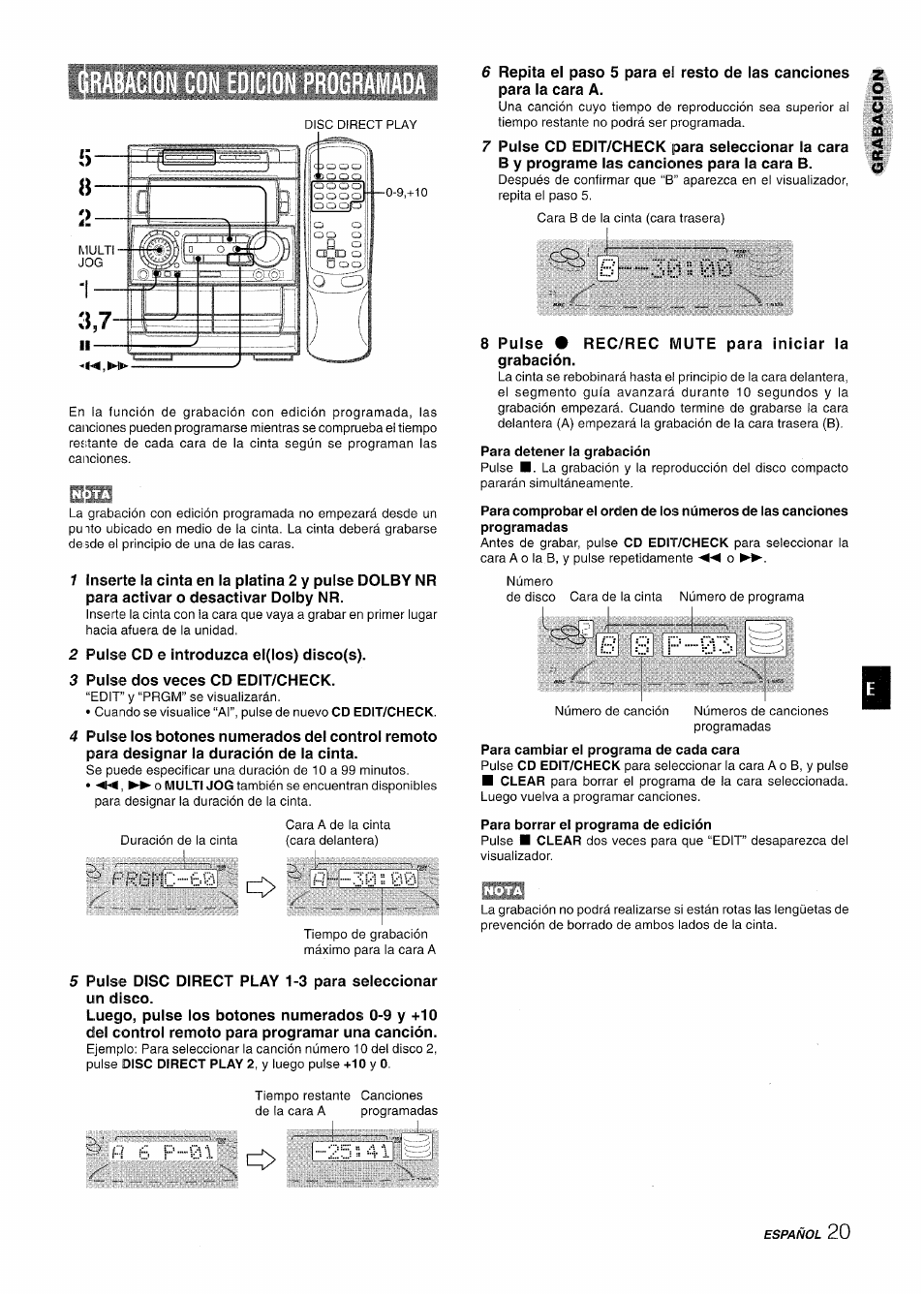 Orabacion con edicion programada, B 3il:;i == 0, Para detener la grabación | B 8 p 03, Para borrar el programa de edición, B 8 p, F' í | Aiwa NSX-A909 User Manual | Page 49 / 88