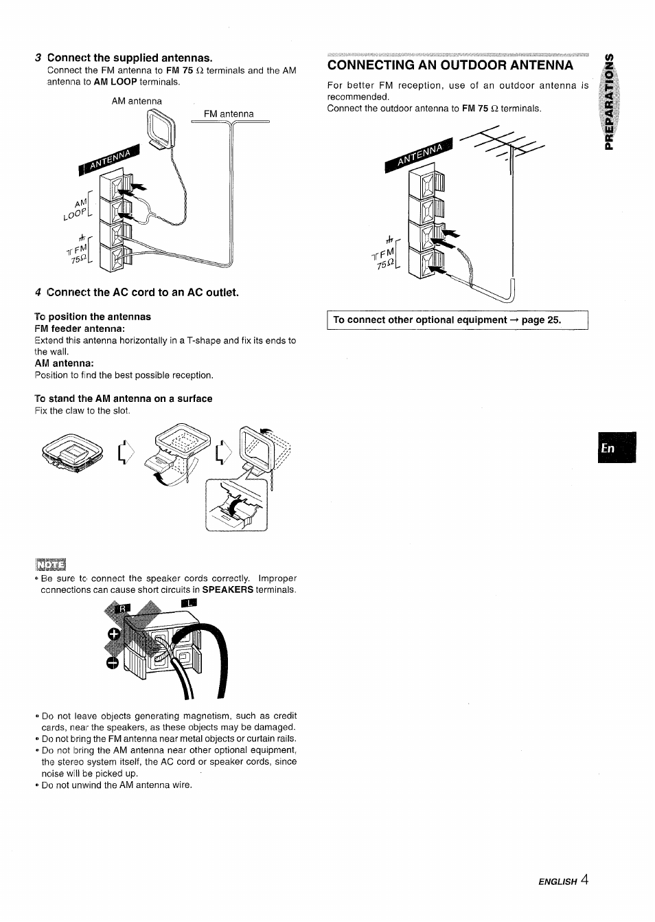 3 connect the supplied antennas, Connecting an outdoor antenna, 4 connect the ac cord to an ac outlet | Aiwa NSX-A909 User Manual | Page 5 / 88