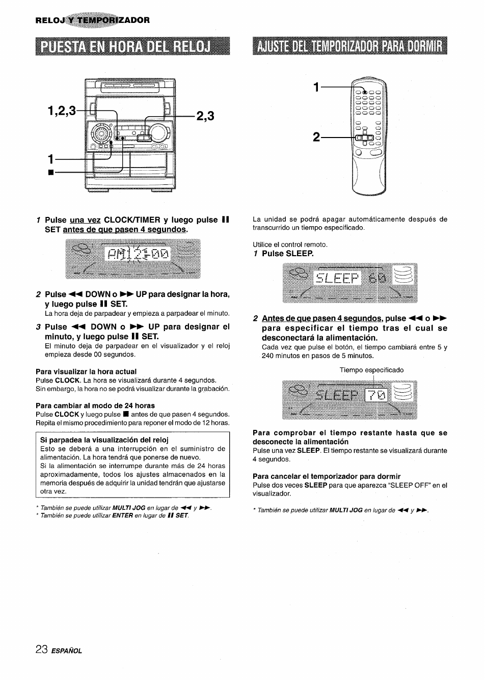 Ajuste del temporizador para dormir, Ñm i 2 02, Para visualizar ia hora actuai | Para cambiar al modo de 24 horas, Sleep 60, 2 leer 70, Para cancelar el temporizador para dormir | Aiwa NSX-A909 User Manual | Page 52 / 88