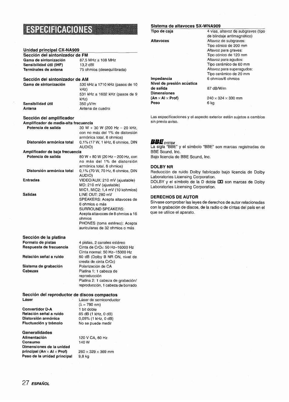 Especificacion, Sistema de altavoces sx-wna909, Unidad principal cx-na909 | Sección del sintonizador de fm, Sección del sintonizador de am, Altavoces, Impedancia, Distorsión armónica total, Entradas, Salidas | Aiwa NSX-A909 User Manual | Page 56 / 88