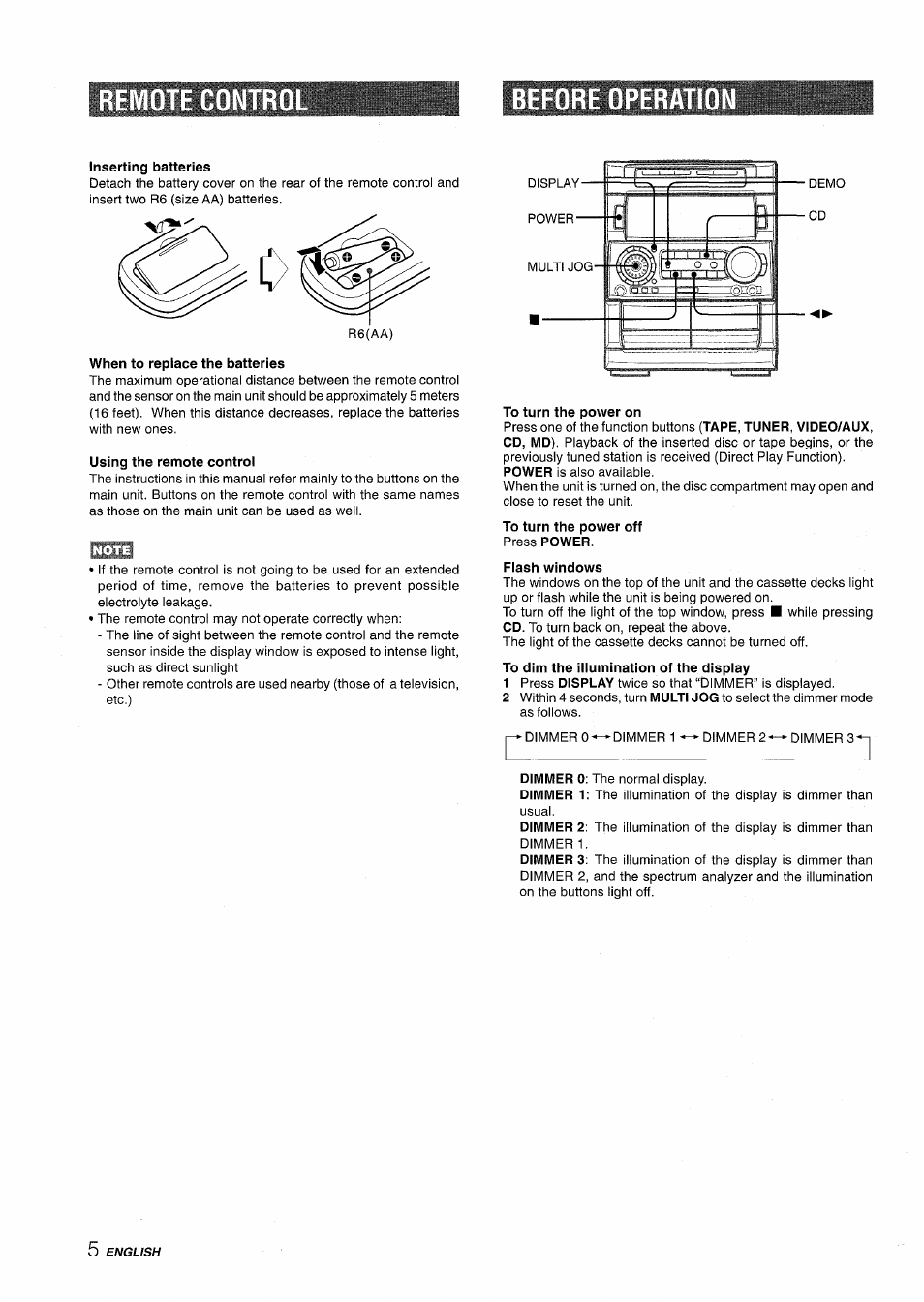 Remote control, Before operatio, Inserting batteries | When to repiace the batteries, Using the remote control, To turn the power on, To turn the power off press power, Flash windows, To dim the illumination of the display, Remote control before operation | Aiwa NSX-A909 User Manual | Page 6 / 88