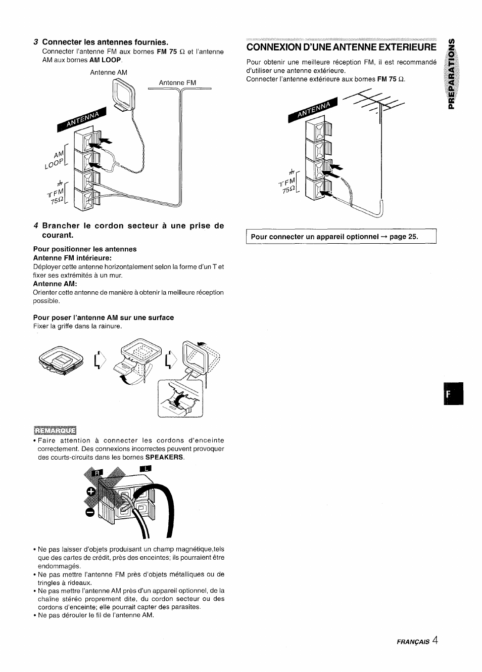 3 connecter les antennes fournies, Connexion d’une antenne exterieure, Pour poser l’antenne am sur une surface | Aiwa NSX-A909 User Manual | Page 61 / 88