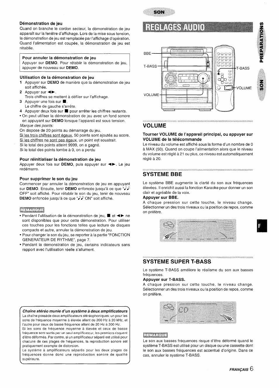 Démonstration de jeu, Pour annuler la démonstration de jeu, Utilisation de la démonstration de jeu | Pour réinitialiser la démonstration de jeu, Pour supprimer le son du jeu, Volume, Systeme bbe, Systeme super t-bass | Aiwa NSX-A909 User Manual | Page 63 / 88