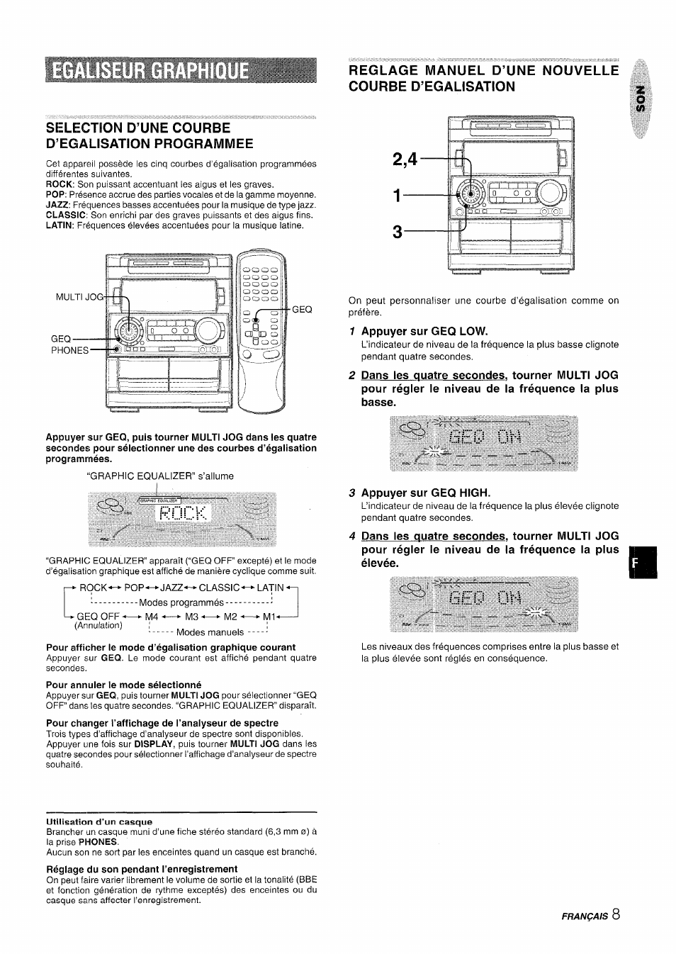 Selection d’une courbe d’egalisation programmee, Rock, Pour annuler le mode sélectionné | 1 appuyer sur geq low, 3 appuyer sur geq high, 8eq gh | Aiwa NSX-A909 User Manual | Page 65 / 88