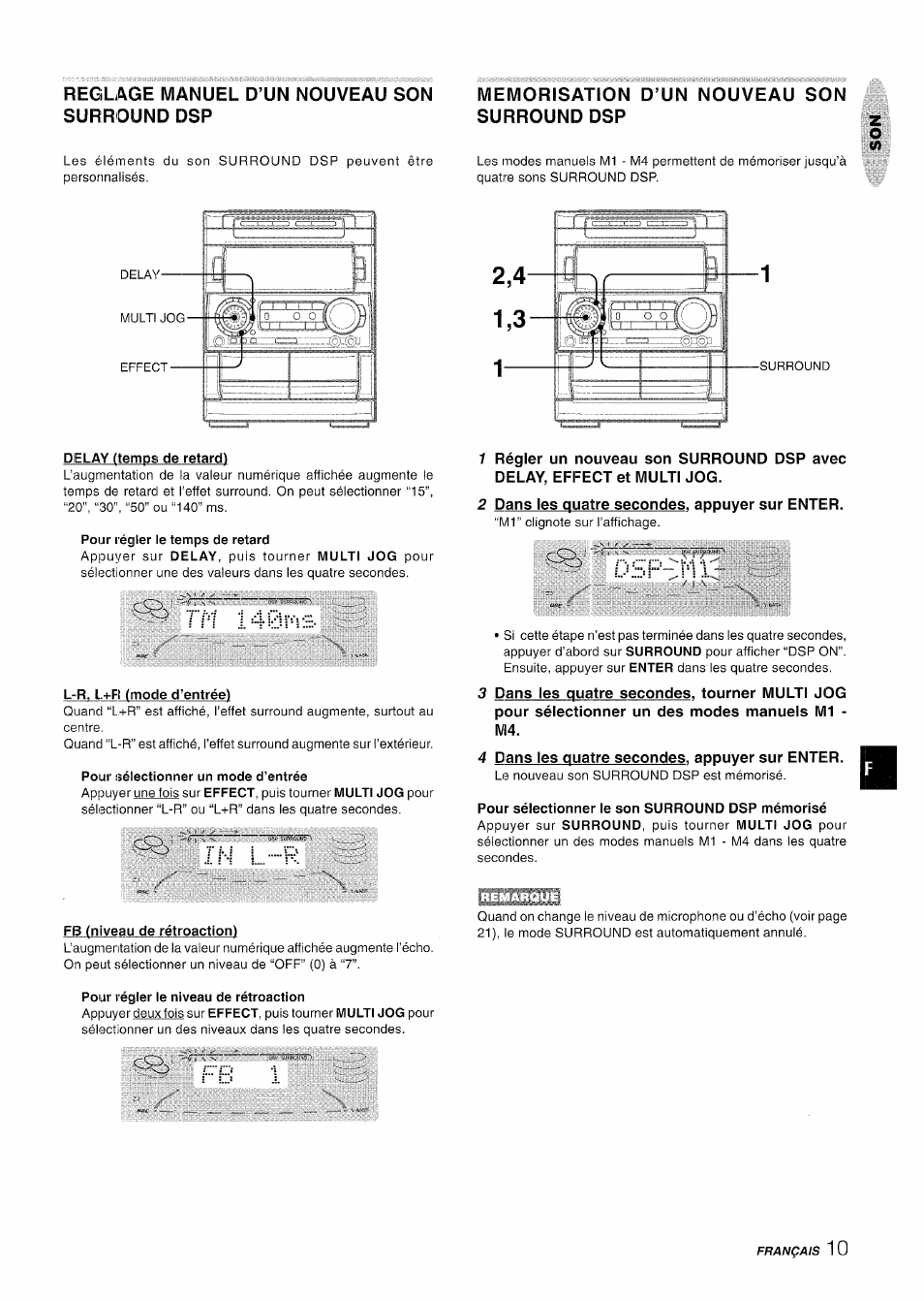 Reglage manuel d’un nouveau son surround dsp, Memorisation d’un nouveau son, Surround dsp z | Delay (temps de retard), Pour régler le temps de retard, L-r, l+r (mode d’entréet, Pour sélectionner un mode d’entrée, In l k, 2 dans les quatre secondes, appuyer sur enter, Dsp m | Aiwa NSX-A909 User Manual | Page 67 / 88