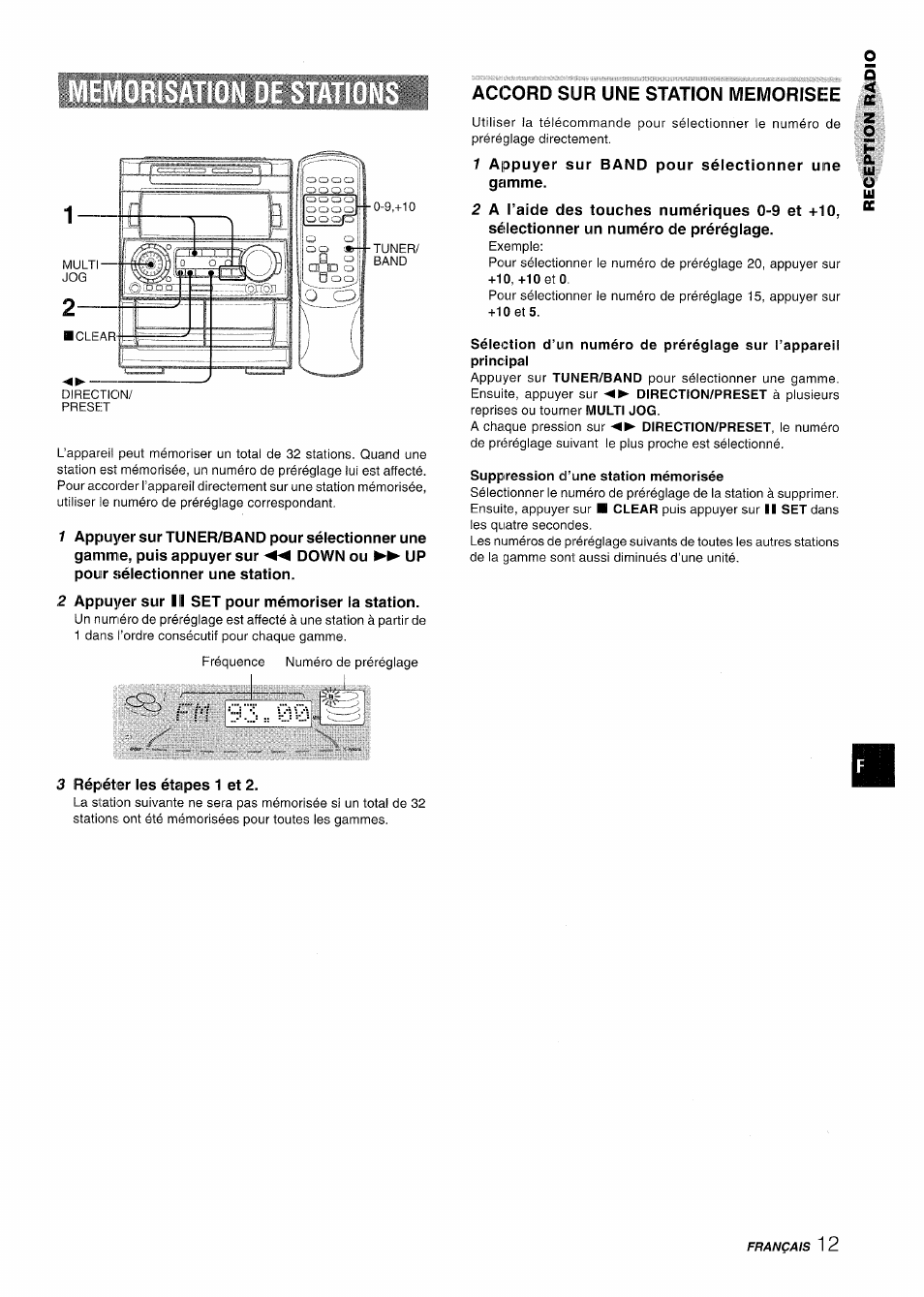 2 appuyer sur iii set pour mémoriser la station, Accord sur une station memorisee, 1 appuyer sur band pour sélectionner une gamme | Suppression d’une station mémorisée, N 93 == 00, 3 répéter les étapes 1 et 2 | Aiwa NSX-A909 User Manual | Page 69 / 88