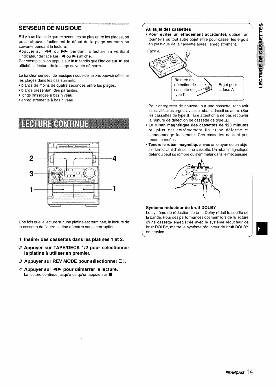 Senseur de musique, 1 insérer des cassettes dans les platines 1 et 2, 3 appuyer sur rev mode pour sélectionner zx | 4 appuyer sur pour démarrer la lecture | Aiwa NSX-A909 User Manual | Page 71 / 88