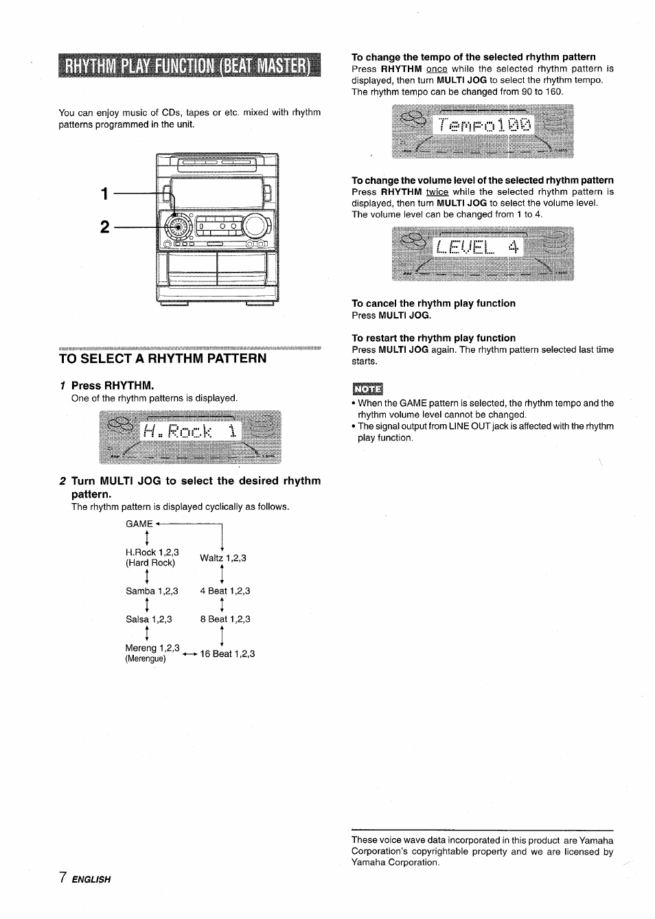 L.euel 4, To cancel the rhythm play function press multi jog, To select a rhythm pattern | To restart the rhythm play function, 1 press rhythm, H „ rock i, Rhythm play function (beat master | Aiwa NSX-A909 User Manual | Page 8 / 88