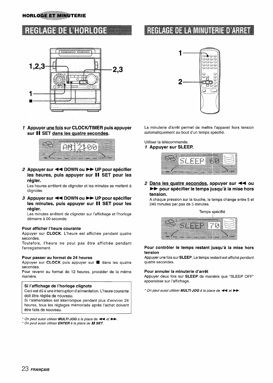 Reglage de la minuterie d'arret, Pour afficher l’heure courante, Pour passer au format de 24 heures | Sleep bw, Sleep, Pour annuler la minuterie d’arrêt | Aiwa NSX-A909 User Manual | Page 80 / 88