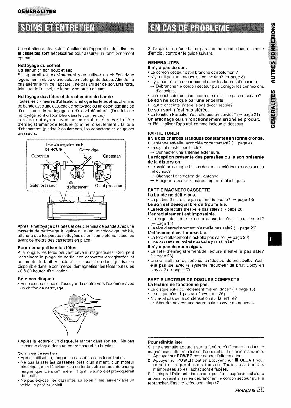 Generalites il n’y a pas de son, Partie tuner, Partie magnetocassette la bande ne défile pas | Pour réinitialiser | Aiwa NSX-A909 User Manual | Page 83 / 88