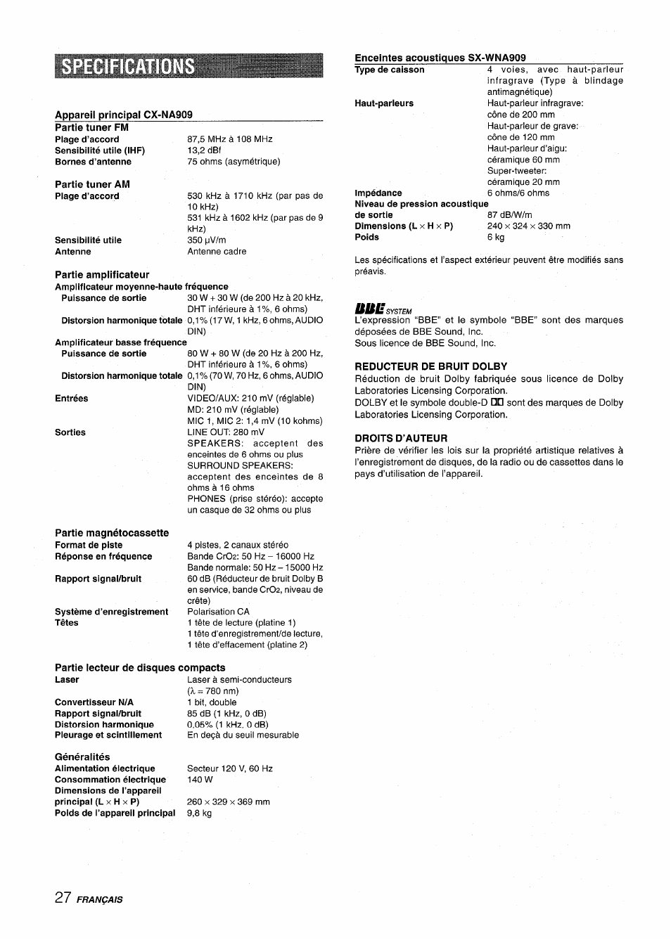 Specification, Enceintes acoustiques sx-wna909, Appareii principai cx-na909 | Partie iecteur de disques compacts, Reducteur de bruit dolby, Droits d’auteur | Aiwa NSX-A909 User Manual | Page 84 / 88