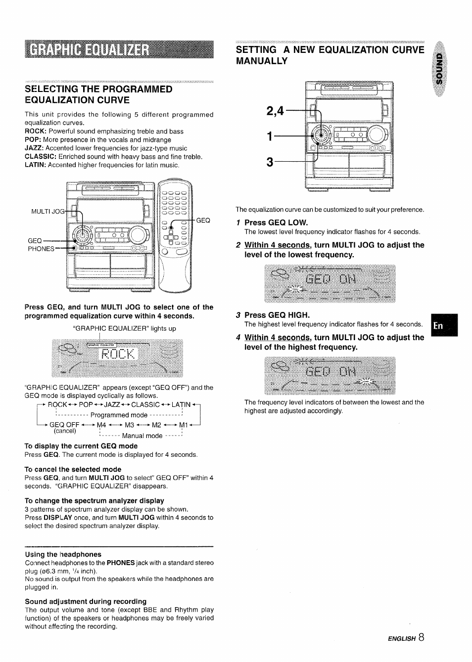 Seelecting the programmed equalization curve, 1 press geq low, Rock | 3 press geq high, 8eq oh, Setting a new equalization curve manually | Aiwa NSX-A909 User Manual | Page 9 / 88