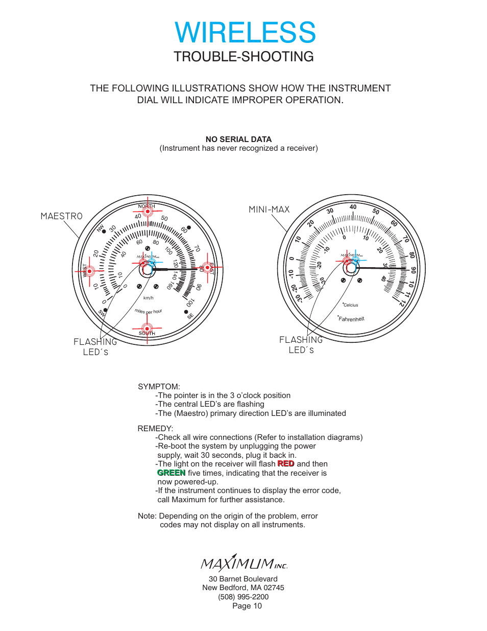 Wireless, Trouble-shooting, Flashing led s | Flashing led s mini-max maestro | Maximum Wireless Maestro (2006-2012) User Manual | Page 10 / 16