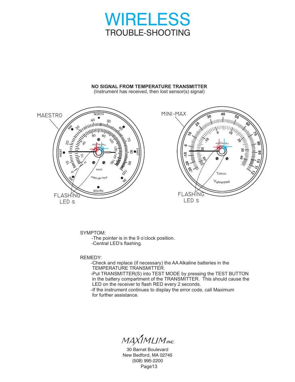 Wireless, Trouble-shooting, Maestro | Flashing led s mini-max flashing led s | Maximum Wireless Maestro (2006-2012) User Manual | Page 13 / 16