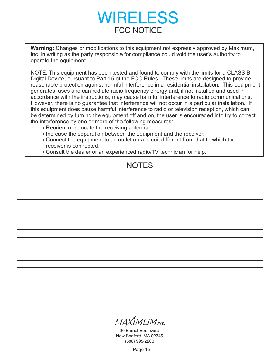 Wireless, Fcc notice | Maximum Wireless Maestro (2006-2012) User Manual | Page 15 / 16