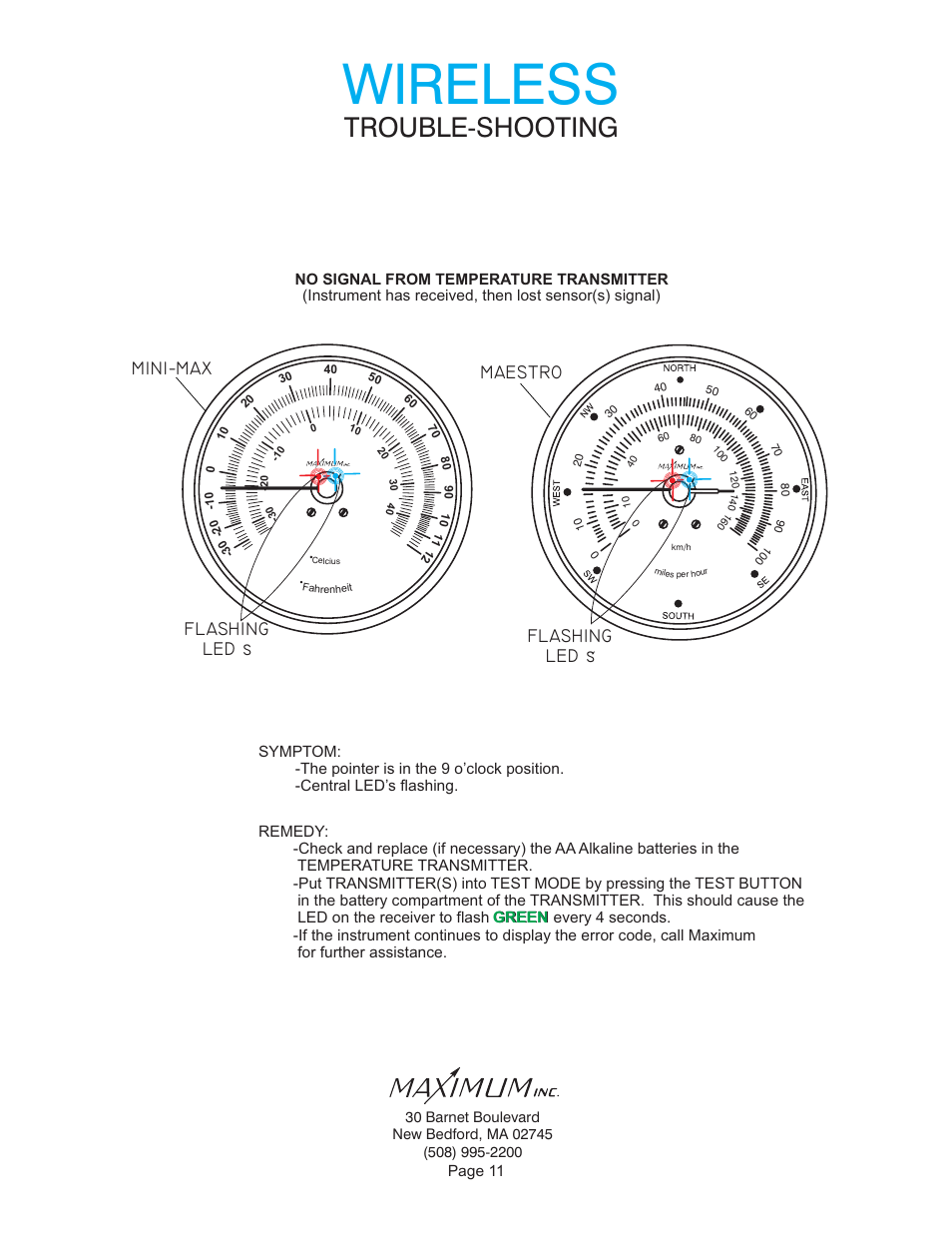 Wireless, Trouble-shooting, Maestro | Flashing led s mini-max flashing led s | Maximum Wireless Mini-Max (2006-2012) User Manual | Page 11 / 14