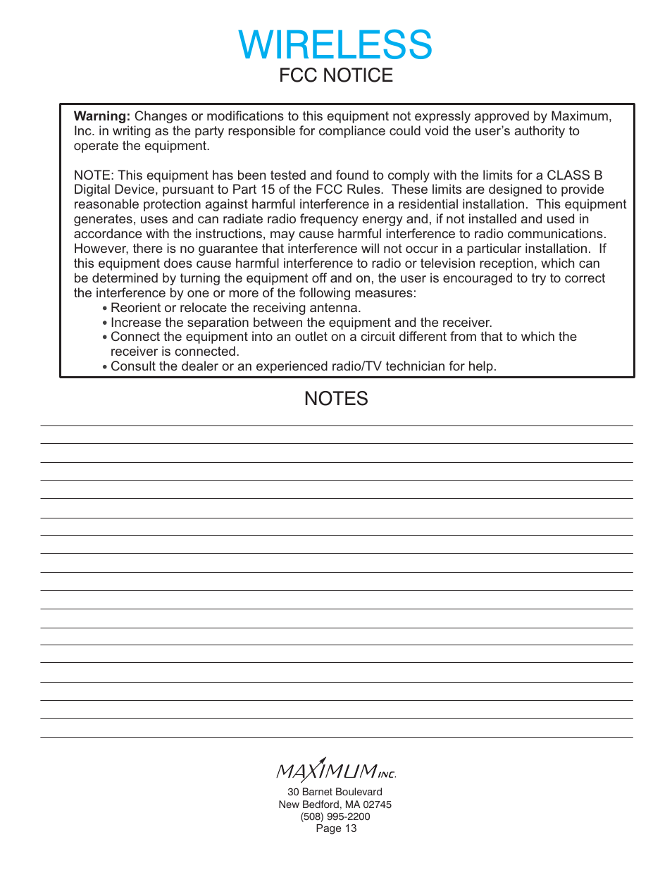 Wireless, Fcc notice | Maximum Wireless Mini-Max (2006-2012) User Manual | Page 13 / 14