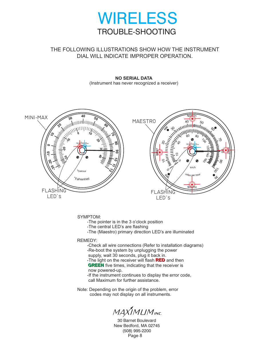 Wireless, Trouble-shooting, Flashing led s | Flashing led s mini-max maestro | Maximum Wireless Mini-Max (2006-2012) User Manual | Page 8 / 14