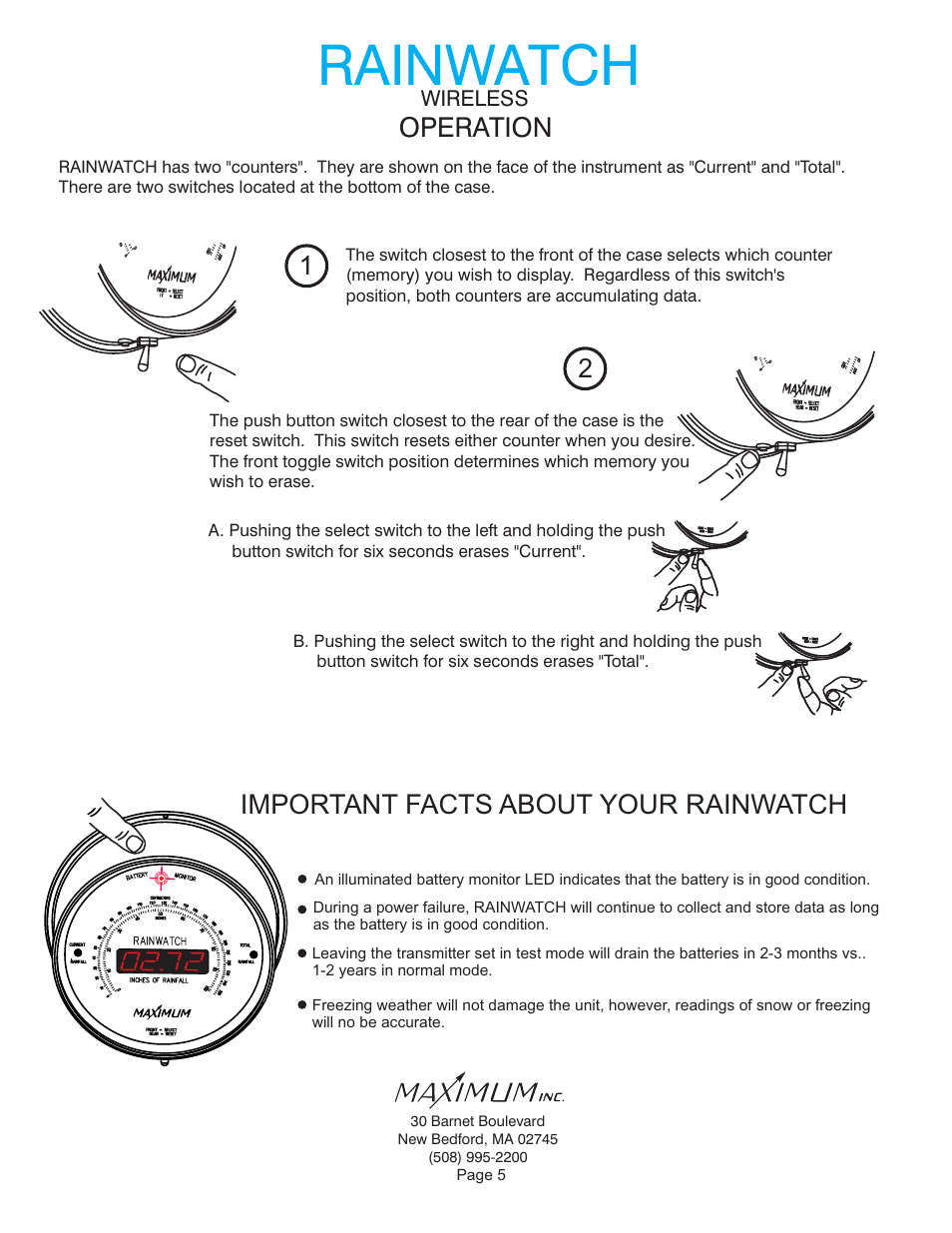 Rainwatch, Operation, Important facts about your rainwatch | Maximum Wireless Rainwatch (pre-2012) User Manual | Page 5 / 12