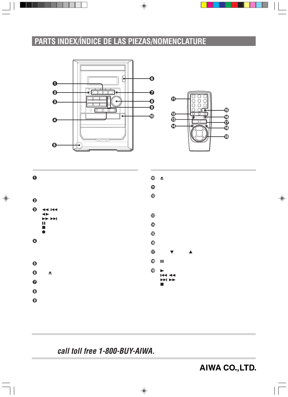 Call toll free 1-800-buy-aiwa, Parts index/índice de las piezas/nomenclature, For assistance and information | United states and puerto rico) | Aiwa XR-M150 User Manual | Page 20 / 20