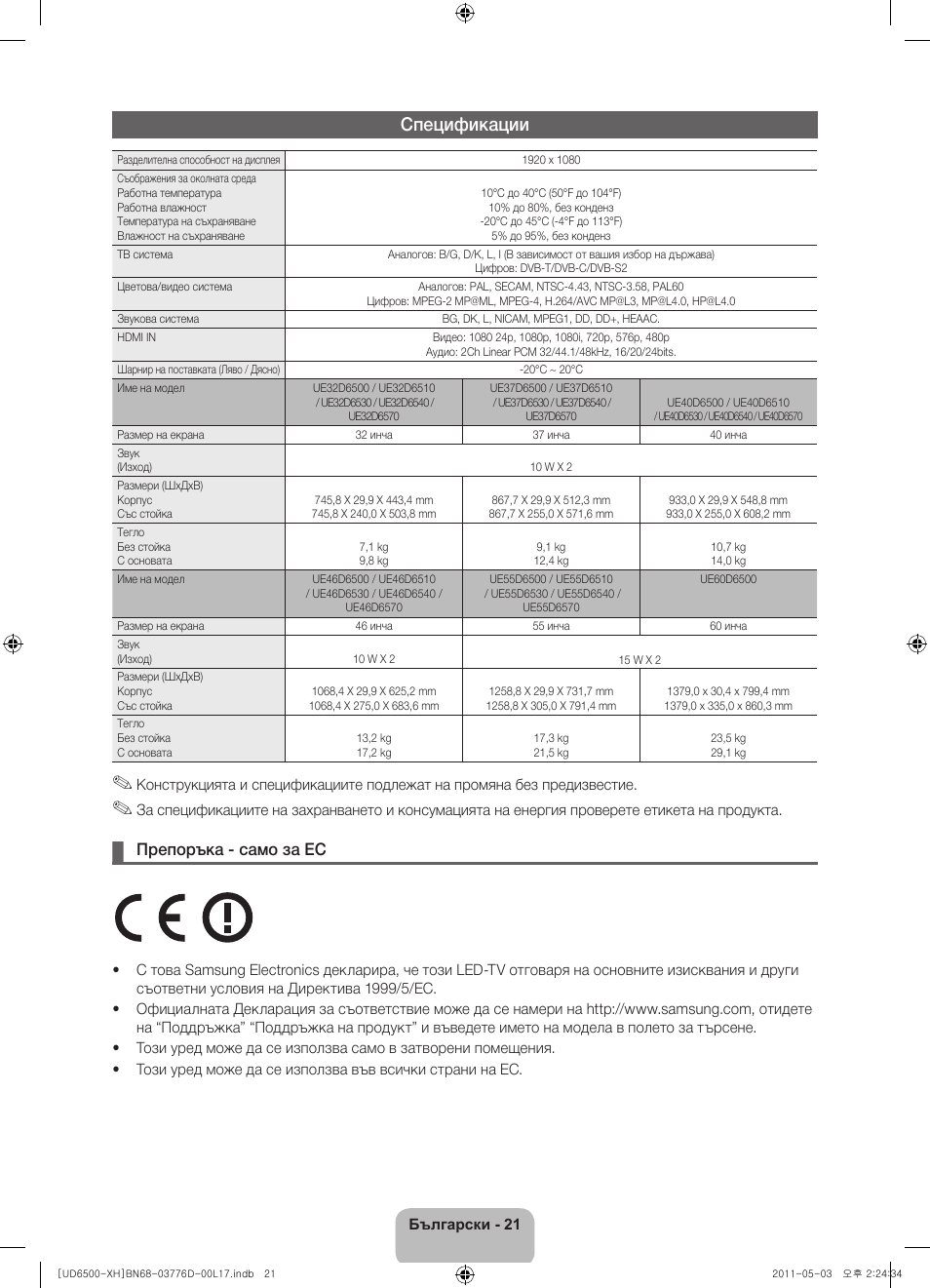 Спецификации, Препоръка - само за ес | Samsung UE46D6570WS User Manual | Page 101 / 342