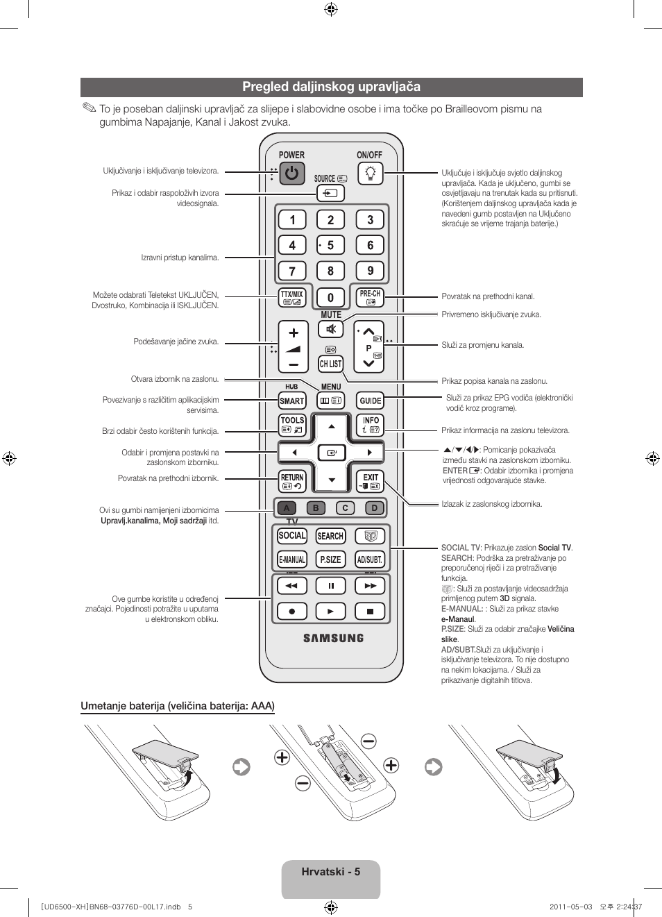 Pregled daljinskog upravljača | Samsung UE46D6570WS User Manual | Page 105 / 342