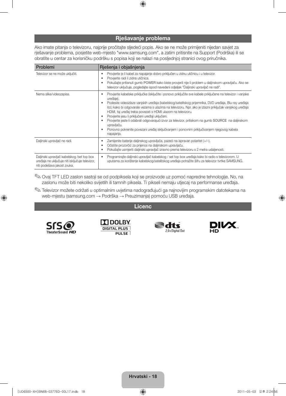 Rješavanje problema, Licenc | Samsung UE46D6570WS User Manual | Page 118 / 342