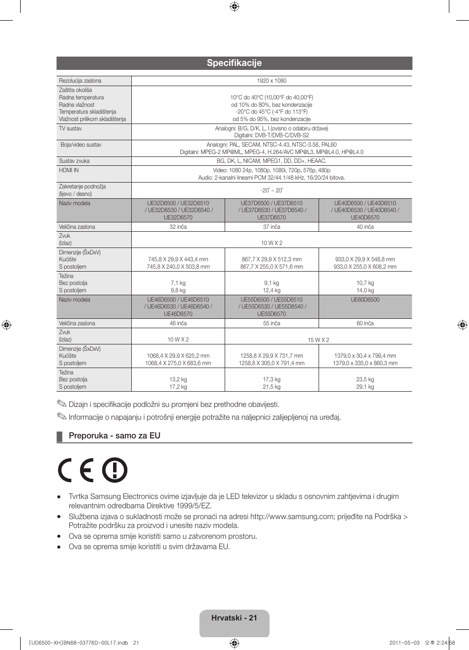 Specifikacije, Preporuka - samo za eu | Samsung UE46D6570WS User Manual | Page 121 / 342