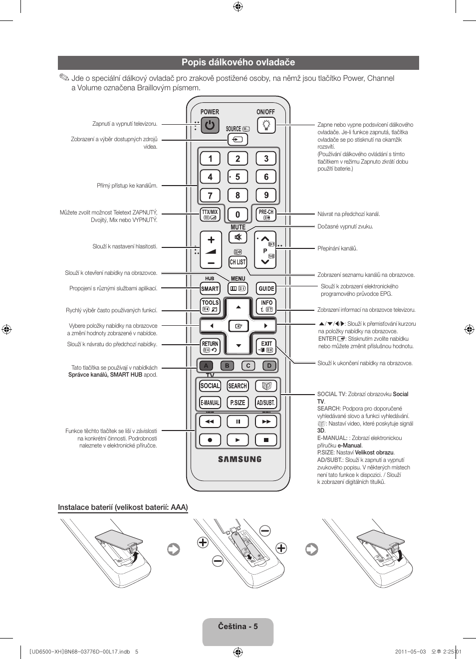Popis dálkového ovladače | Samsung UE46D6570WS User Manual | Page 125 / 342