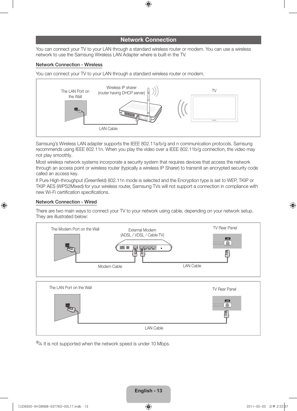 Network connection | Samsung UE46D6570WS User Manual | Page 13 / 342