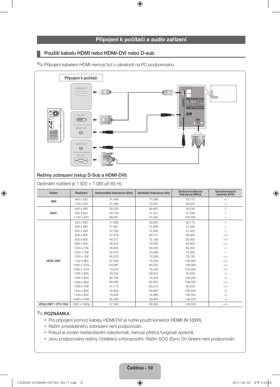 Připojení k počítači a audio zařízení, Použití kabelu hdmi nebo hdmi-dvi nebo d-sub | Samsung UE46D6570WS User Manual | Page 130 / 342