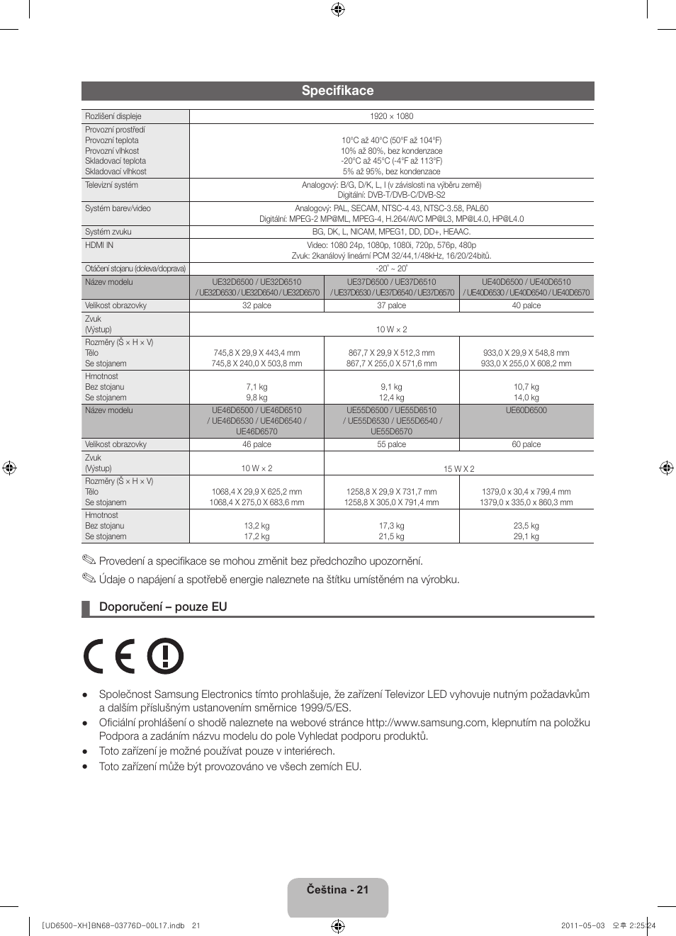 Specifikace, Doporučení – pouze eu | Samsung UE46D6570WS User Manual | Page 141 / 342