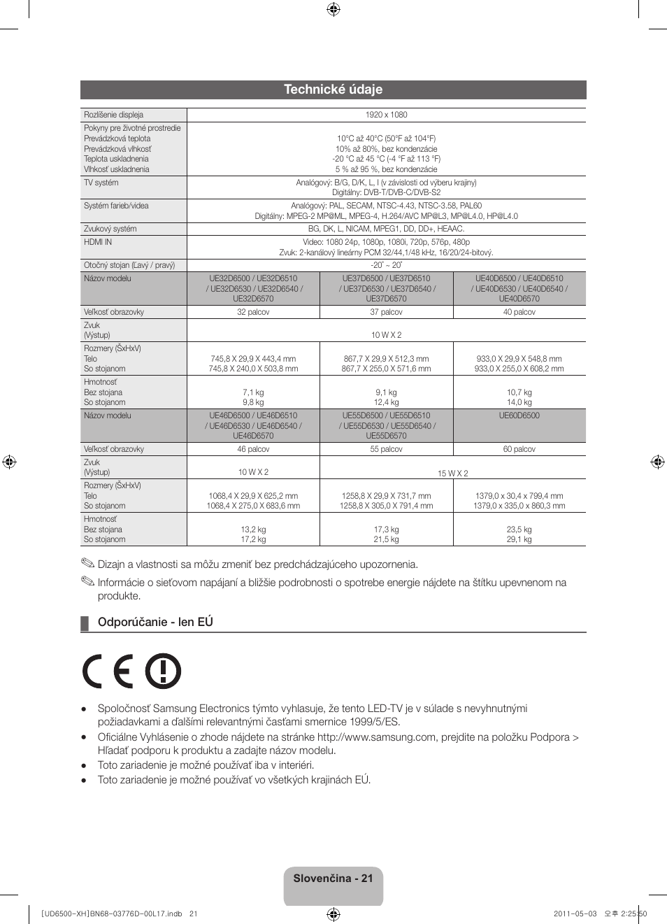 Technické údaje, Odporúčanie - len eú | Samsung UE46D6570WS User Manual | Page 161 / 342