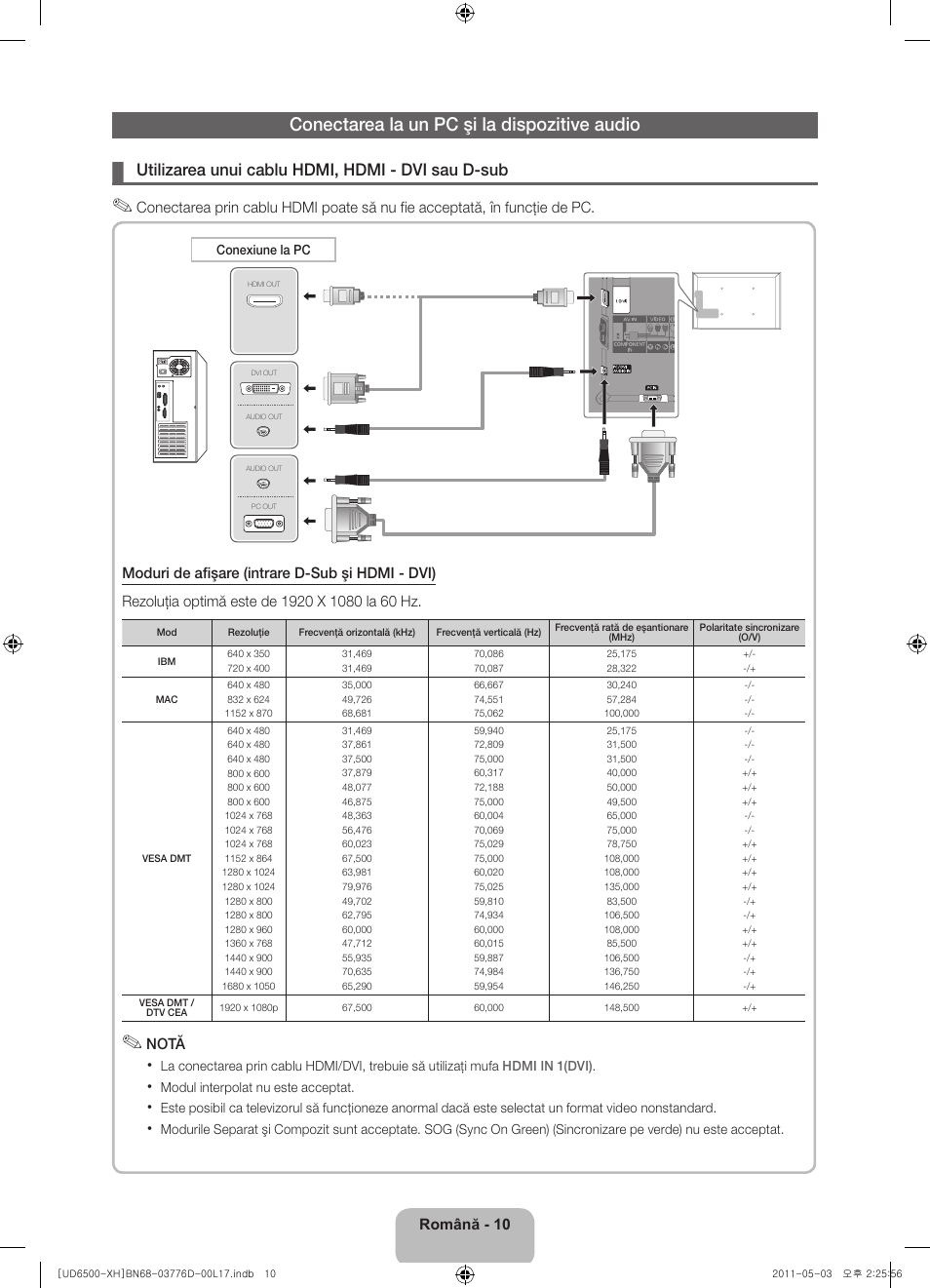 Conectarea la un pc şi la dispozitive audio, Utilizarea unui cablu hdmi, hdmi - dvi sau d-sub | Samsung UE46D6570WS User Manual | Page 170 / 342