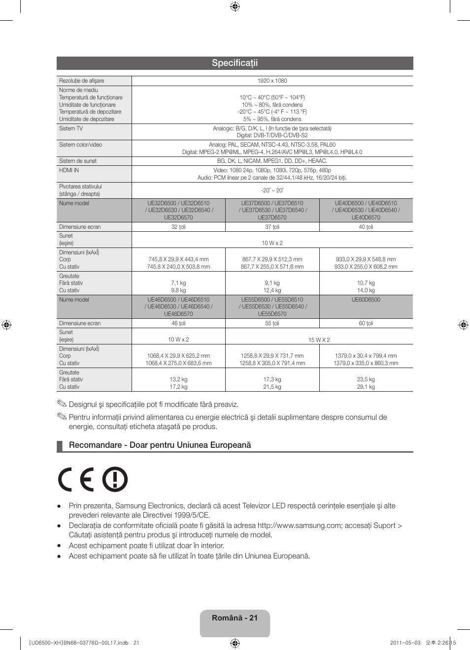 Specificaţii, Recomandare - doar pentru uniunea europeană | Samsung UE46D6570WS User Manual | Page 181 / 342