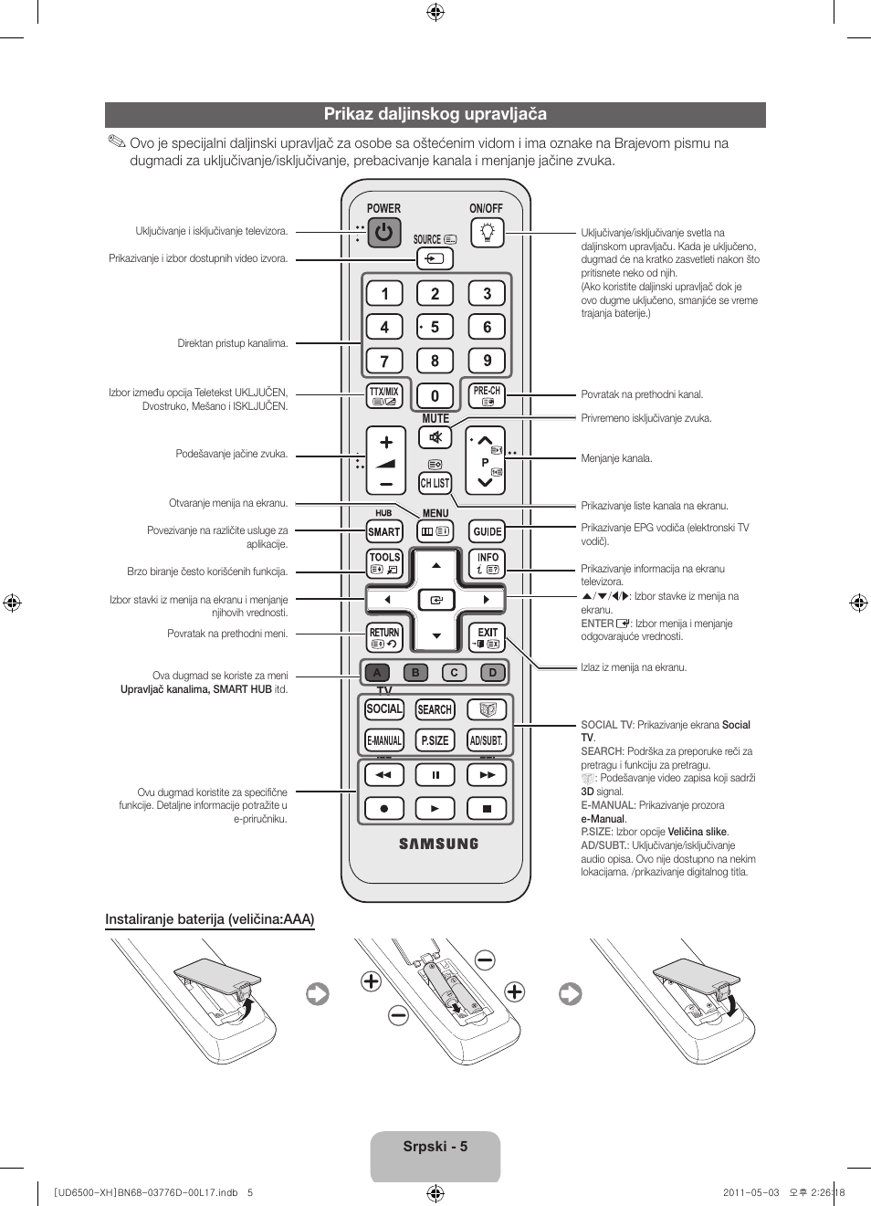 Prikaz daljinskog upravljača | Samsung UE46D6570WS User Manual | Page 185 / 342