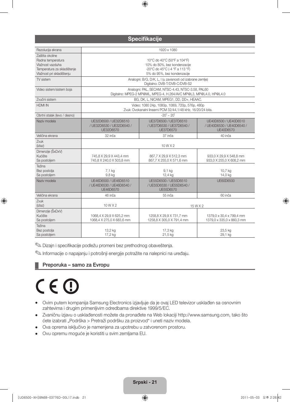 Specifikacije, Preporuka – samo za evropu | Samsung UE46D6570WS User Manual | Page 201 / 342